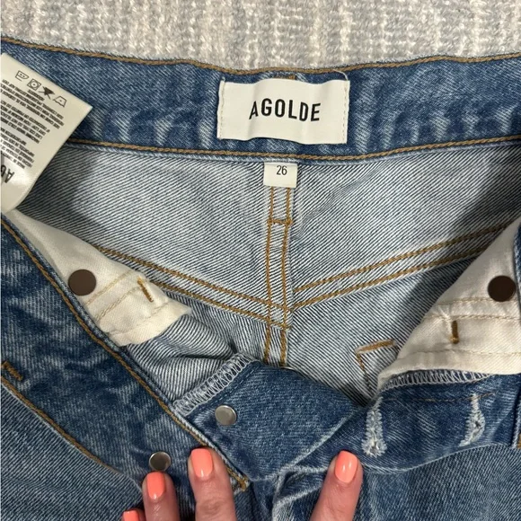 Agolde Parker Long High-Rise Light Blue Denim Shorts - Picture 3 of 4